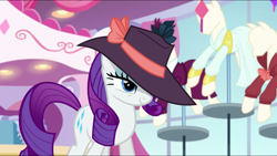 Size: 1440x812 | Tagged: safe, screencap, character:rarity, species:pony, episode:rarity investigates, g4, my little pony: friendship is magic, clothing, female, grin, hat, lidded eyes, mare, ponyquin, smiling, solo, suggestive smile