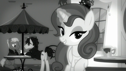 Size: 1440x808 | Tagged: safe, screencap, character:cinnamon chai, species:earth pony, species:pony, species:unicorn, episode:rarity investigates, g4, my little pony: friendship is magic, background pony, bedroom eyes, clothing, female, grayscale, jacket, john watson, looking at you, magic, magic aura, male, mare, monochrome, noir, sherlock holmes, stallion, unnamed pony