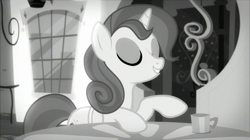 Size: 1440x809 | Tagged: safe, screencap, character:cinnamon chai, species:pony, species:unicorn, episode:rarity investigates, g4, my little pony: friendship is magic, eyes closed, female, grayscale, mare, monochrome, noir, raised hoof, solo