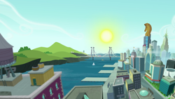 Size: 1440x810 | Tagged: safe, screencap, episode:made in manehattan, g4, my little pony: friendship is magic, architecture, bridge, building, city, cityscape, crystaller building, friendship express, manehattan, no pony, pier, piers, sailboat, scenery, skyline, stadium, sun, train, water tower
