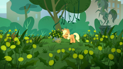 Size: 1440x808 | Tagged: safe, screencap, character:applejack, species:earth pony, species:pony, episode:made in manehattan, g4, my little pony: friendship is magic, applejack's hat, bronclyn, cart, clothing, cowboy hat, dandelion, eyes closed, female, hat, manehattan, mare, overgrown, park, solo, statue, tree, vegetation, vine, weeds