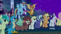 Size: 1920x1080 | Tagged: safe, screencap, character:applejack, character:fluttershy, character:gallus, character:night view, character:rainbow dash, character:rarity, character:sandbar, character:smolder, character:summer breeze, character:yona, species:dragon, species:earth pony, species:griffon, species:hippogriff, species:pegasus, species:pony, species:unicorn, species:yak, episode:a rockhoof and a hard place, g4, my little pony: friendship is magic, bow, clothing, cloven hooves, cowboy hat, dragoness, female, flying, friendship student, hair bow, hat, male, mare, monkey swings, night, teenager