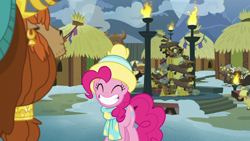 Size: 1280x720 | Tagged: safe, screencap, character:pinkie pie, character:prince rutherford, species:earth pony, species:pony, species:yak, episode:best gift ever, g4, my little pony: friendship is magic, clothing, ear piercing, earring, eyes closed, female, grin, hat, jewelry, male, mare, piercing, scarf, smiling, yakyakistan, yojan
