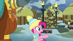 Size: 1280x720 | Tagged: safe, screencap, character:pinkie pie, character:prince rutherford, species:earth pony, species:pony, species:yak, episode:best gift ever, g4, my little pony: friendship is magic, clothing, ear piercing, earring, female, hat, horn ring, jewelry, male, mare, piercing, scarf, yakyakistan