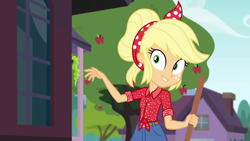 Size: 1920x1080 | Tagged: safe, screencap, character:applejack, episode:five to nine, g4, my little pony:equestria girls, broom, geode of super strength, headband, magical geodes, solo