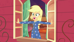 Size: 1920x1080 | Tagged: safe, screencap, character:applejack, episode:five to nine, g4, my little pony:equestria girls, applejack's bedroom, clothing, female, pajamas, solo