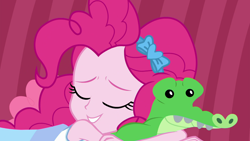 Size: 1920x1080 | Tagged: safe, screencap, character:gummy, character:pinkie pie, episode:pinkie sitting, g4, my little pony:equestria girls, bow, cuddling, cute, diapinkes, grin, hug, jewelry, plushie, sleeping, smiling, tiara