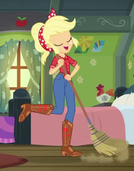 Size: 741x945 | Tagged: safe, screencap, character:applejack, episode:five to nine, g4, my little pony:equestria girls, applejack's bedroom, boots, clothing, cowboy boots, cropped, eyes closed, female, geode of super strength, magical geodes, pants, solo