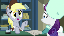 Size: 1280x720 | Tagged: safe, screencap, character:derpy hooves, character:rarity, species:pony, episode:best gift ever, g4, my little pony: friendship is magic, post office
