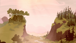 Size: 1440x810 | Tagged: safe, screencap, species:bird, episode:the hooffields and mccolts, g4, my little pony: friendship is magic, forest, nature, no pony, pine tree, river, scenery, sepia, smokey mountains, stream, tree, valley