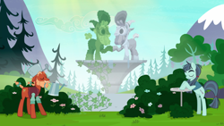 Size: 1440x810 | Tagged: safe, screencap, character:crosscut mccolt, species:earth pony, species:pony, episode:the hooffields and mccolts, g4, my little pony: friendship is magic, bush, clothing, duo, eyes closed, female, flower, fountain, grub hooffield, hooffield family, ivy (plant), male, mare, mccolt family, piles mccolt, pine tree, sprig hooffield, stallion, statue, topiary, tree, watering can