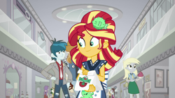 Size: 1920x1080 | Tagged: safe, screencap, character:bright idea, character:derpy hooves, character:starlight, character:sunset shimmer, episode:good vibes, eqg summertime shorts, g4, my little pony:equestria girls, background human, bright idea, canterlot mall, female, male, mall, starlight, sunset sushi, thunderbass, valhallen, waitress