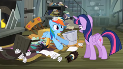 Size: 1920x1080 | Tagged: safe, screencap, character:rainbow dash, character:twilight sparkle, character:twilight sparkle (alicorn), species:alicorn, species:pony, episode:daring don't, g4, my little pony: friendship is magic, book, bucket, chair, fireplace, trash