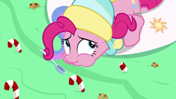 Size: 1280x720 | Tagged: safe, screencap, character:pinkie pie, episode:best gift ever, g4, my little pony: friendship is magic, candy, candy cane, celestia's cutie mark, chocolate chip cookies, clothing, cookie, eating, food, hat, prehensile mane, pudding, puddinghead's pudding, swan boat