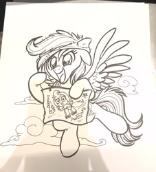 Size: 1862x2048 | Tagged: safe, artist:whitediamonds, character:rainbow dash, character:scootaloo, species:pegasus, species:pony, episode:the washouts, g4, my little pony: friendship is magic, cheering, fangirl, flying, foreshadowing, monochrome, solo, traditional art