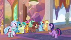 Size: 1366x768 | Tagged: safe, screencap, character:applejack, character:gallus, character:ocellus, character:rainbow dash, character:sandbar, character:silverstream, character:smolder, character:twilight sparkle, character:twilight sparkle (alicorn), character:yona, species:alicorn, species:changedling, species:changeling, species:classical hippogriff, species:dragon, species:earth pony, species:griffon, species:hippogriff, species:pegasus, species:pony, species:reformed changeling, species:yak, episode:non-compete clause, g4, my little pony: friendship is magic, bow, clothing, cloven hooves, colored hooves, cowboy hat, dragoness, female, hair bow, hat, jewelry, male, mare, monkey swings, necklace, student six, teenager