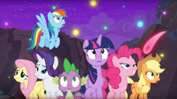 Size: 1920x1079 | Tagged: safe, screencap, character:applejack, character:fluttershy, character:pinkie pie, character:rainbow dash, character:rarity, character:spike, character:twilight sparkle, character:twilight sparkle (alicorn), species:alicorn, species:dragon, species:pony, episode:school raze, g4, my little pony: friendship is magic, magic, mane six, night, smiling, smirk, sparkles, theory, winged spike