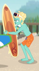 Size: 261x477 | Tagged: safe, screencap, character:zephyr breeze, episode:blue crushed (a.k.a baewatch), g4, my little pony:equestria girls, arms, bare arms, bare chest, barefoot, clothing, feet, gladys, male, partial nudity, shorts, sunglasses, surfboard, swimming trunks, topless
