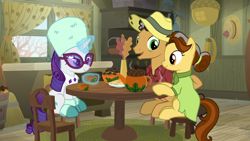 Size: 1280x720 | Tagged: safe, screencap, character:butternut, character:oak nut, character:rarity, species:pony, episode:best gift ever, g4, my little pony: friendship is magic, broom, chair, cup, kitchen, table, teacup, teapot