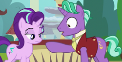 Size: 1043x531 | Tagged: safe, screencap, character:firelight, character:starlight glimmer, species:pony, species:unicorn, episode:the parent map, g4, cutie mark, displeased, father and daughter, female, lidded eyes, looking down, male, mare, oops, sire's hollow, stallion