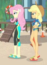 Size: 295x406 | Tagged: safe, screencap, character:applejack, character:fluttershy, episode:blue crushed (a.k.a baewatch), g4, my little pony:equestria girls, clothing, feet, flip-flops, geode of fauna, geode of super strength, legs, magical geodes, sandals, swimsuit, wetsuit