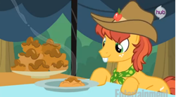 Size: 506x281 | Tagged: safe, screencap, character:half baked apple, species:earth pony, species:pony, episode:apple family reunion, g4, my little pony: friendship is magic, apple family member, apple fritter (food), background pony, bucktooth, clothing, cowboy hat, food, hat, male, neckerchief, solo, stallion