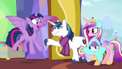 Size: 1280x720 | Tagged: safe, screencap, character:princess cadance, character:princess flurry heart, character:shining armor, character:twilight sparkle, character:twilight sparkle (alicorn), species:alicorn, species:pony, species:unicorn, episode:best gift ever, g4, my little pony: friendship is magic, :t, aunt and niece, baby, brother and sister, clothing, condescending, cute, earmuffs, father and daughter, female, happy, husband and wife, male, mare, married couple, mother and daughter, scarf, siblings, smiling, smirk, smug, stallion, star flurry heart, twiabetes, twilight's castle, twilynanas