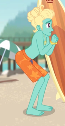 Size: 206x398 | Tagged: safe, screencap, character:zephyr breeze, episode:blue crushed (a.k.a baewatch), g4, my little pony:equestria girls, arms, bare arms, barefoot, clothing, feet, gladys, legs, male, male feet, manbun, partial nudity, shorts, solo, surfboard, swimming trunks, toes, topless, zephyr's necklace
