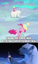 Size: 500x843 | Tagged: safe, screencap, character:pinkie pie, species:pony, episode:best gift ever, g4, my little pony: friendship is magic, caption, coca-cola, image macro, polar bear, text