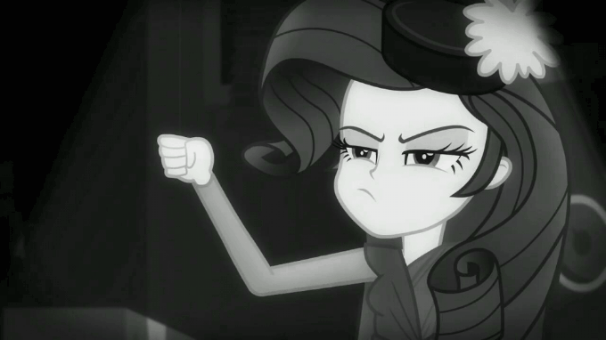 Size: 680x382 | Tagged: safe, screencap, character:rarity, episode:rarity investigates: the case of the bedazzled boot, g4, my little pony:equestria girls, animated, detective rarity, gif, monochrome, noir, out of context, rarity investigates (eqg): applejack, solo