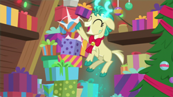 Size: 1280x720 | Tagged: safe, screencap, character:alice, species:deer, species:reindeer, episode:best gift ever, g4, my little pony: friendship is magic, christmas, christmas tree, gift box, holiday, pile, solo, tree