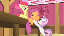 Size: 1280x720 | Tagged: safe, screencap, character:apple bloom, character:scootaloo, character:sweetie belle, species:pegasus, species:pony, episode:flight to the finish, g4, my little pony: friendship is magic, cutie mark crusaders