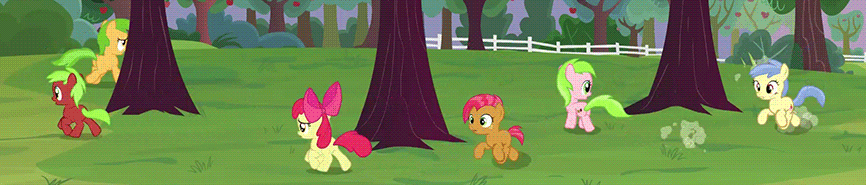 Size: 866x185 | Tagged: safe, screencap, character:apple bloom, character:apple flora, character:apple squash, character:babs seed, character:red june, character:sweet tooth, episode:apple family reunion, g4, my little pony: friendship is magic, animated, apple family member, running