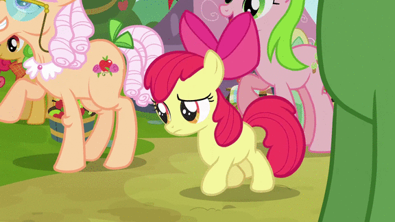Size: 576x324 | Tagged: safe, screencap, character:apple bloom, character:apple cinnamon, character:apple leaves, character:apple rose, character:babs seed, character:red gala, character:wensley, species:earth pony, species:pony, episode:apple family reunion, g4, my little pony: friendship is magic, adorababs, animated, apple family member, cute, female, filly, good trick, spinning