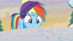 Size: 1280x720 | Tagged: safe, screencap, character:rainbow dash, species:pegasus, species:pony, episode:best gift ever, g4, my little pony: friendship is magic, beanie, clothing, cute, dashabetes, footprint, hat, paw prints, snow, solo