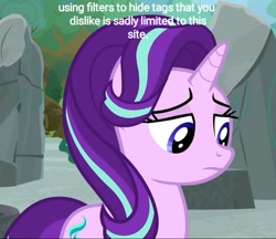 Size: 835x720 | Tagged: safe, screencap, character:starlight glimmer, species:pony, species:unicorn, derpibooru, episode:shadow play, g4, my little pony: friendship is magic, caption, cropped, female, filters, horn, image macro, implied, mare, meta, sad, solo, text