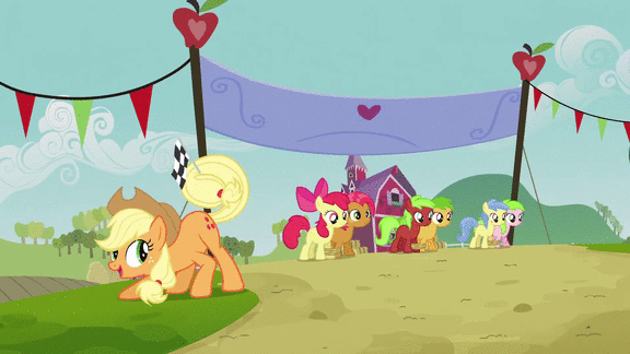 Size: 576x324 | Tagged: safe, screencap, character:apple bloom, character:apple flora, character:apple squash, character:applejack, character:babs seed, character:red june, character:sweet tooth, episode:apple family reunion, g4, my little pony: friendship is magic, animated, apple family member, gif, prehensile tail, tail hold