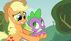 Size: 472x270 | Tagged: safe, screencap, character:applejack, character:spike, episode:apple family reunion, g4, my little pony: friendship is magic, animation error, hug