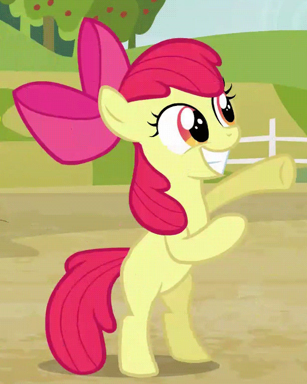 Size: 612x765 | Tagged: safe, screencap, character:apple bloom, character:sweet tooth, species:earth pony, species:pony, episode:apple family reunion, g4, my little pony: friendship is magic, adorabloom, animated, apple family member, bipedal, cute, dancing, female, filly, happy