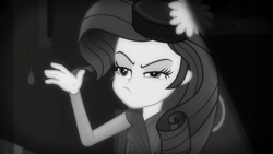 Size: 1920x1080 | Tagged: safe, screencap, character:rarity, episode:rarity investigates: the case of the bedazzled boot, g4, my little pony:equestria girls, detective rarity, look at all the fucks i give, monochrome, noir, rarity investigates (eqg): applejack, solo