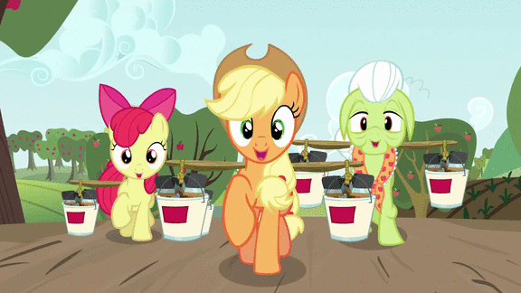 Size: 576x324 | Tagged: safe, screencap, character:apple bloom, character:apple cinnamon, character:applejack, character:candy apples, character:granny smith, character:jonagold, character:perfect pie, episode:apple family reunion, g4, my little pony: friendship is magic, animated, apple family member, paint, paint can, paintbrush, singing, trotting