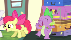 Size: 1266x720 | Tagged: safe, screencap, character:apple bloom, character:spike, character:sweetie belle, episode:equestria games, g4, my little pony: friendship is magic, apple bloom's bow, bow, door, friendship express, hair bow, suitcase, train