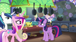 Size: 1280x720 | Tagged: safe, screencap, character:princess cadance, character:princess flurry heart, character:shining armor, character:twilight sparkle, character:twilight sparkle (alicorn), species:alicorn, species:pony, episode:best gift ever, g4, my little pony: friendship is magic, cauldron, family, female, filly, flour, flying, foal, food, frying pan, male, mare, oven, pudding, puddinghead's pudding, rolling pin, stallion, table