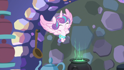 Size: 1280x720 | Tagged: safe, screencap, character:princess flurry heart, species:alicorn, species:pony, episode:best gift ever, g4, my little pony: friendship is magic, baby, baby pony, cauldron, cloth diaper, diaper, eyes closed, female, filly, flying, foal, food, kitchen, pudding, puddinghead's pudding, safety pin, solo, spread wings, wings