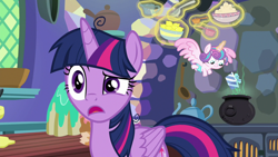Size: 1280x720 | Tagged: safe, screencap, character:princess flurry heart, character:twilight sparkle, character:twilight sparkle (alicorn), species:alicorn, species:pony, episode:best gift ever, g4, my little pony: friendship is magic, aunt and niece, best aunt ever, bowl, cake, cauldron, diaper, food, frazzled, kitchen, lemon, levitation, magic, measuring cup, oven, present, pudding, puddinghead's pudding, spoon, telekinesis