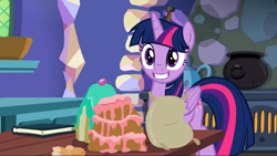 Size: 1280x720 | Tagged: safe, screencap, character:twilight sparkle, character:twilight sparkle (alicorn), species:alicorn, species:pony, book, cake, cauldron, female, flour, food, grin, kitchen, mare, messy hair, oven, smiling