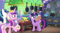 Size: 1280x720 | Tagged: safe, screencap, character:princess cadance, character:princess flurry heart, character:shining armor, character:twilight sparkle, character:twilight sparkle (alicorn), species:alicorn, species:pony, episode:best gift ever, g4, my little pony: friendship is magic, cake, food, frying pan, kitchen, oven, pot, rolling pin, table