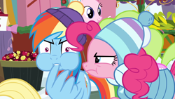 Size: 1920x1080 | Tagged: safe, screencap, character:pinkie pie, character:rainbow dash, species:pony, episode:best gift ever, episode:triple pony dare ya, g4, my little pony: friendship is magic, beanie, clothing, hat, hearth's warming shorts, puffy cheeks, scarf