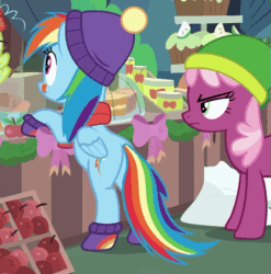 Size: 743x753 | Tagged: safe, screencap, character:cheerilee, character:granny smith, character:rainbow dash, species:earth pony, species:pegasus, species:pony, episode:best gift ever, episode:triple pony dare ya, g4, my little pony: friendship is magic, :q, animated, annoyed, apple, behaving like a dog, boots, cheerilee is unamused, clothing, cropped, cute, dashabetes, dawwww, duo, eyeroll, eyes on the prize, female, food, frown, glare, hat, hearth's warming shorts, licking, licking lips, looking at something, mare, no sound, plot, scarf, shoes, smiling, standing, stomping, swishy tail, tail wag, tail whip, tongue out, unamused, webm