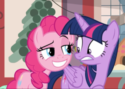Size: 1011x720 | Tagged: safe, screencap, character:pinkie pie, character:twilight sparkle, character:twilight sparkle (alicorn), species:alicorn, species:earth pony, species:pony, episode:best gift ever, episode:the great escape room, g4, my little pony: friendship is magic, cropped, female, hearth's warming shorts, mare